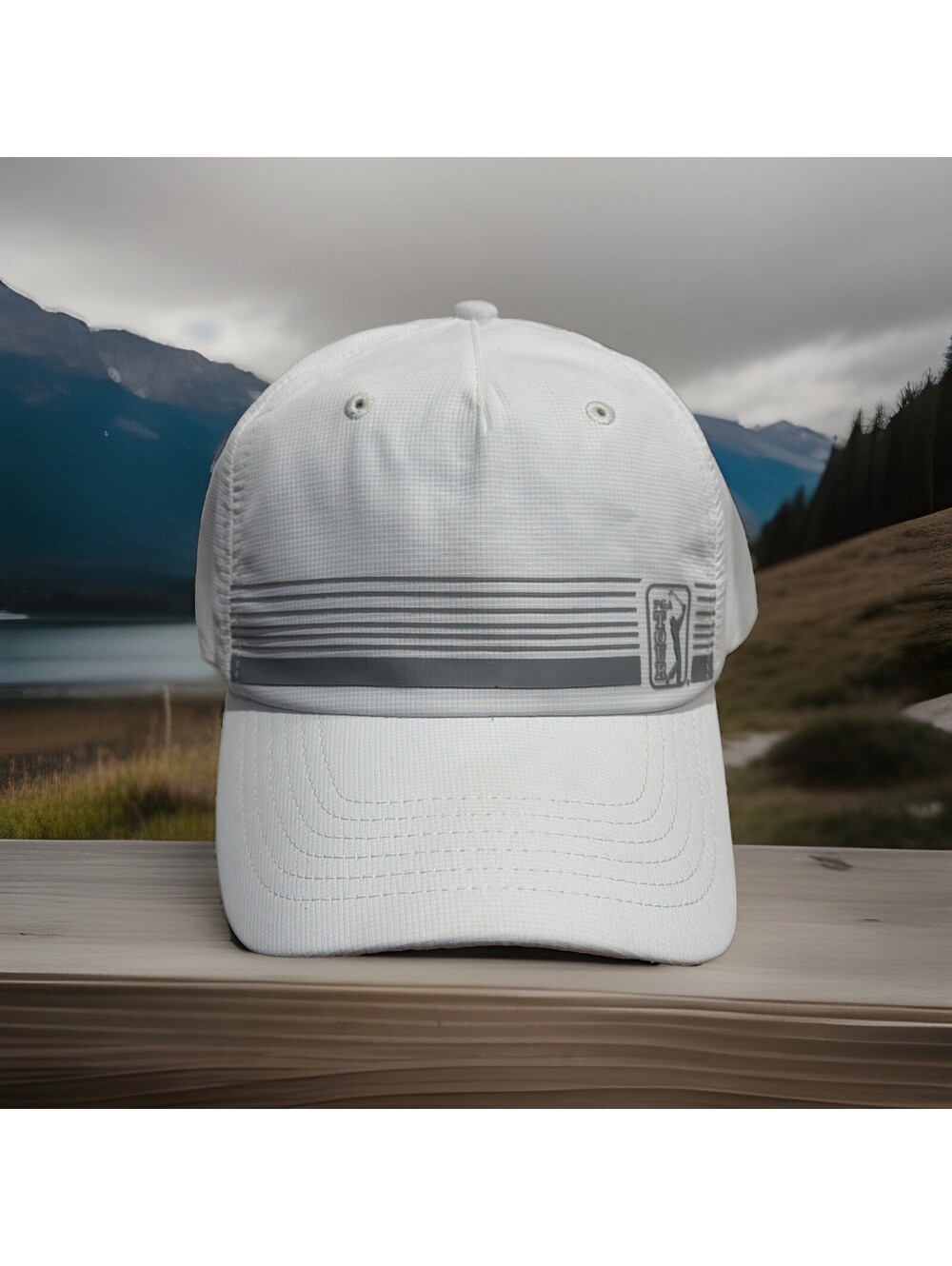 PGA Tour Golf Paramount Apparel White Gray Striped SAMPLE Baseball Cap Hat